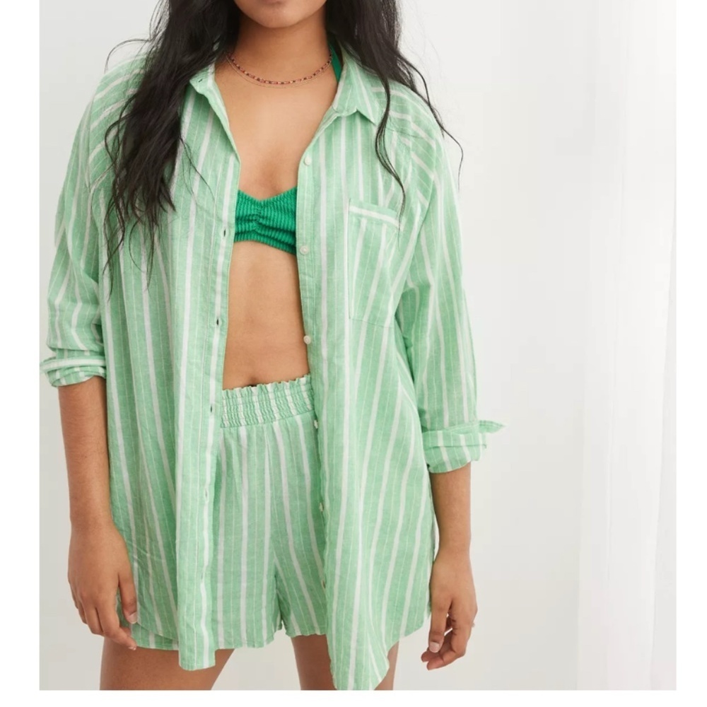 Aerie Linen Blend Coverup Long Sleeve Button Down Shirt Celebrity Green Size XS
